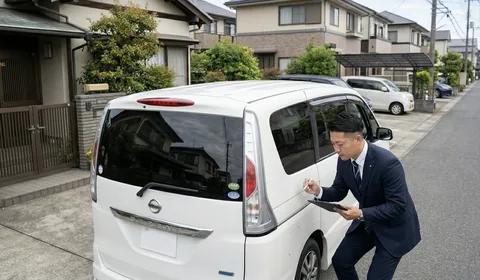 査定士がクリップボードを持ち車を検査している様子